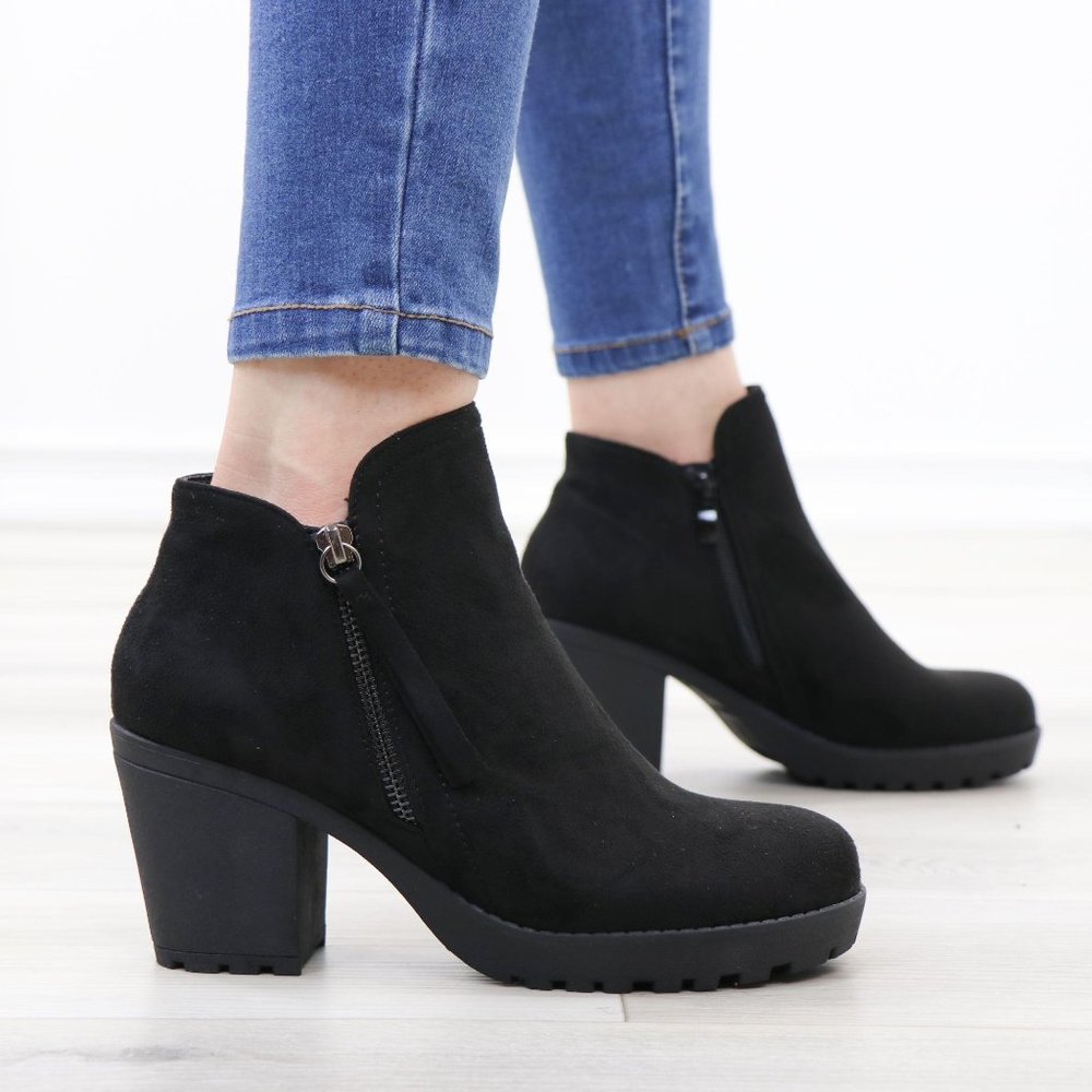 Black Suede Lug Chunky Heel Ankle Boots - Picture 2 of 16